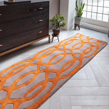 Matrix MAX37 Wire Modern Geometric Hand-Woven High-Density Soft Textured Shimmer Wool & Viscose Blend Warm Beige/Burnt Orange Runner-Asiatic Carpets-Rug Love - The Most Loved Rug Store